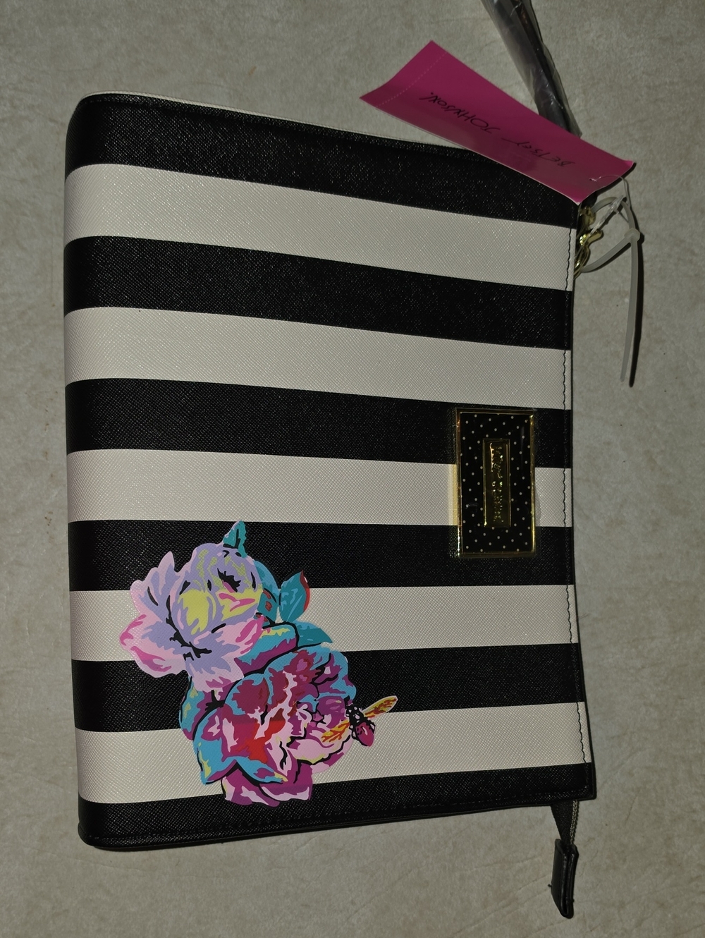 Betsey Johnson Striped Black & White Floral Wristlet Clutch